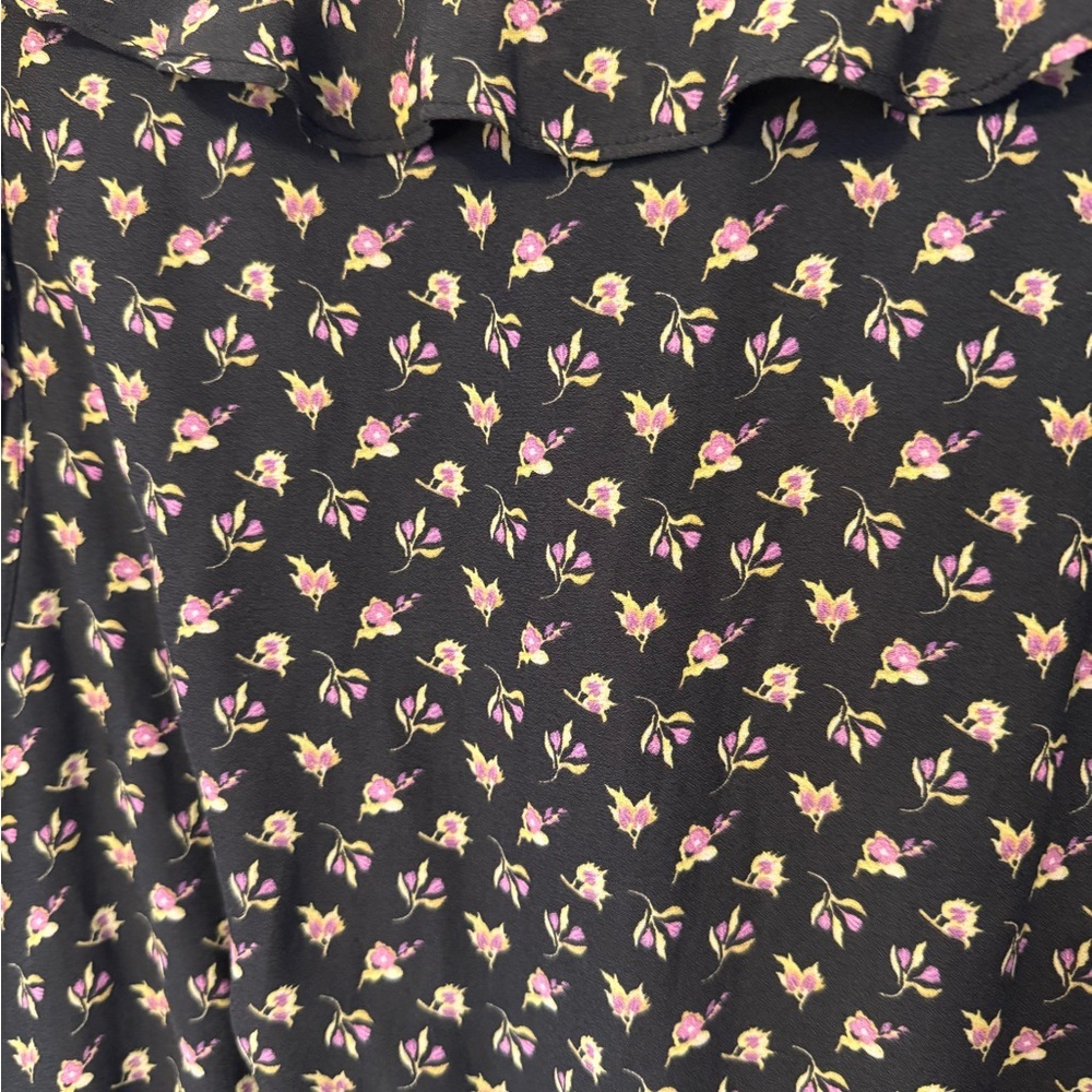 LOFT Black & Pink Midi Dress Faux Wrap Size Medium Cold Shoulder Missing Belt - Picture 8 of 12